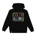 Black hoodie with 'Color Allowed' text in colorful letters in the style of a neon sign
