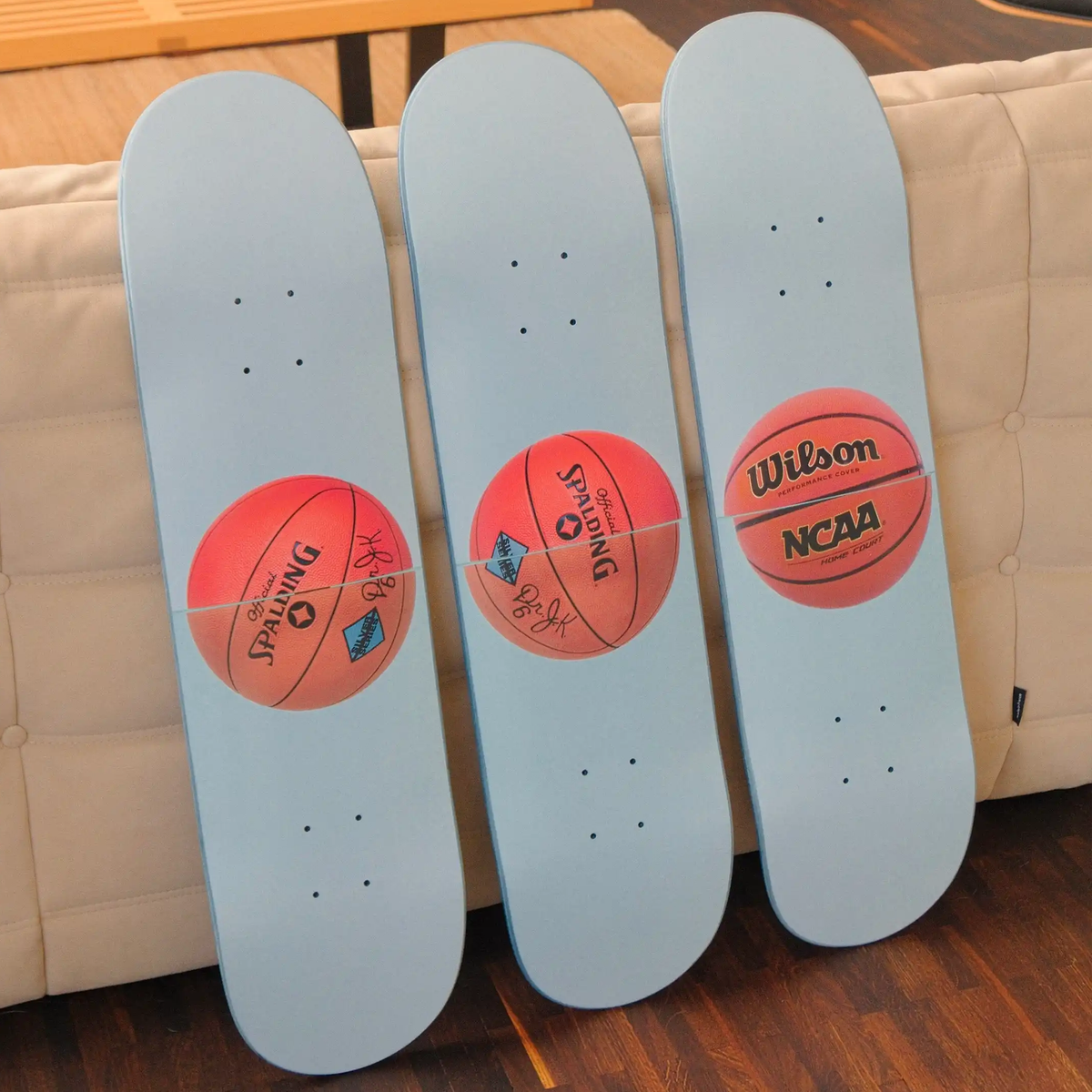 Jeff Koons Three Ball 50/50 Tank (Two Dr. J. Silver Series, One Wilson Supershot), 1985 Skateboard Decks